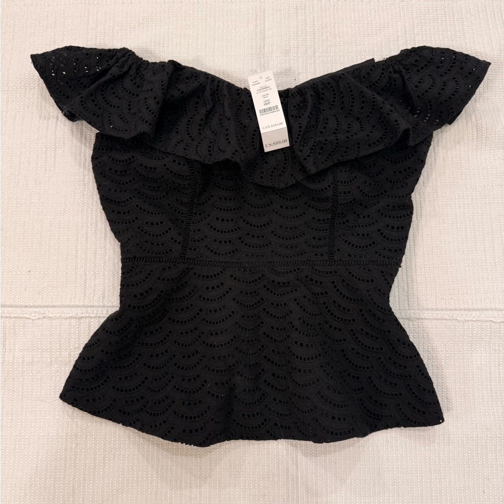 NWT White House Black Market Black Eyelet Off Shoulder Peplum Top Size 00P
